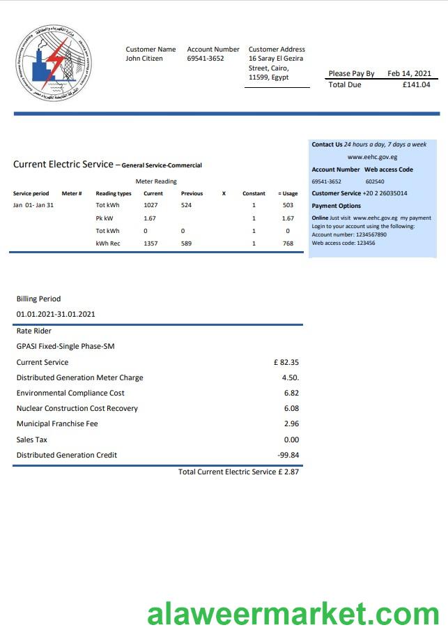 Egypt Egyptian Electricity utility bill template in Word and PDF format